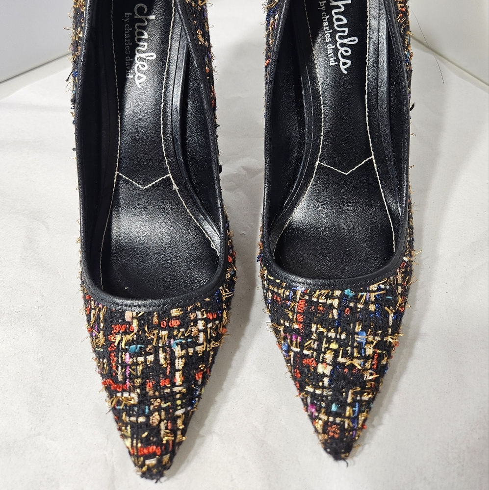 Like New Charles David Frayed Tweed Colorful Classic High Heel Pumps Pointed Toe